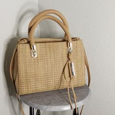 Nwt Cole Haan Tan Woven Leather Trim Bag With Goldtone Accent . Adjustable Removable Strap Drops 26" And The Handle Drops 6" Gold Shoulder Bag With Braided Handles For Formal Occasions, Formal Gold Shoulder Bag With Braided Handles, Classic Beige Shoulder Bag With Braided Handles, Elegant Natural Satchel With Detachable Strap, Formal Satchel With Braided Handles, Elegant Double Handle Satchel With Braided Handles, Elegant Bag With Braided Handles, Rectangular Natural Bag With Gold-tone Hardware, Natural Rectangular Bag With Gold-tone Hardware