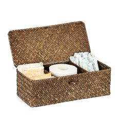 an open wicker box with toiletries in it