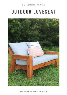 an outdoor loveseat made out of wood and fabric with text overlay reading building plans