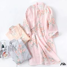 Zlily - Cotton Kimono-Style Sleepwear Set with Floral Embellishments and Belted Sleep Dress Summer Floral Print Long Sleeve Sleepwear, Long Sleeve Floral Print Summer Sleepwear, Pink Kimono For Spring Wedding, Feminine Floral Print Summer Kimono, Summer Feminine Floral Print Kimono, Spring Wedding Pink Kimono, Pink Floral Print Long Sleeve Kimono, Floral Print Long Sleeve Kimono For Wedding, Long Sleeve Floral Kimono For Wedding