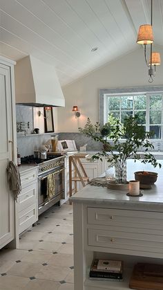 a kitchen with white cabinets and an island in front of a window that has a potted plant on it