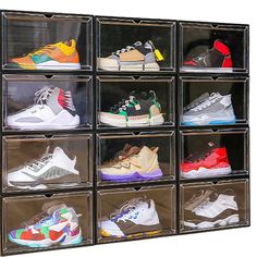 a wall mounted shoe rack filled with lots of shoes