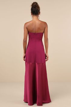 Plum Purple Dress - Strapless Maxi Dress - Mixed Media Dress - Lulus Plum Maxi Dress, Spring Evening Purple Strapless Dress, Chic Fitted Purple Strapless Dress, Purple Strapless Satin Dress, Strapless Purple Bridesmaid Evening Dress, Mixed Media Dress, Military Ball Dresses, A Line Maxi Dress, Evening Dresses Cocktail