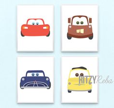 four cars are shown in different colors on the same square piece of paper, each with an individual's face