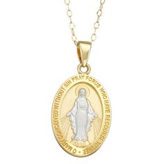 "Inspired by the Miraculous Medal, this necklace features a lovely Virgin Mary pendant. Inspired by the Miraculous Medal, this necklace features a lovely Virgin Mary pendant. NECKLACE DETAILS Pendant size: 1 in. x 0.5 in. Chain length: 18 in. Chain type: cable Clasp: spring-ring Metal: 14k gold Finish: polished Inscription: ""O Mary Conceived With Out Sin Pray For Us Who Have Recourse to Thee"" Packaging: boxed  Size: 18"". Color: Yellow. Gender: female. Age Group: adult." Gold Necklace With Oval Pendant And Polished Finish, Engraved White Gold Oval Pendant Necklace, White Oval Link Necklace For Anniversary, Fine Jewelry Necklace With Oval Pendant And Polished Finish, Oval Link Necklace With Polished Finish As Gift, Engraved Oval Yellow Gold Necklace, Oval Yellow Gold Necklace With Polished Finish, Oval Yellow Gold Polished Necklace, Oval White Gold Necklace