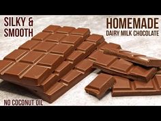 chocolate bars are stacked on top of each other with the words silky & smooth homemade dairy milk