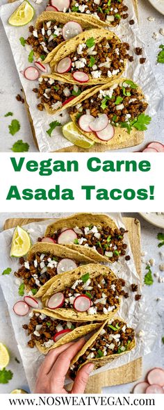 vegan carne asada tacos with radishes and onions