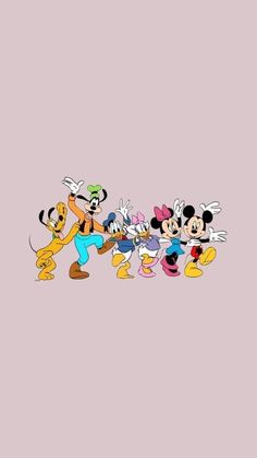 mickey mouse and other cartoon characters are in the middle of a line up on a pink background