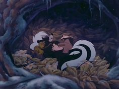 an animated scene of two skunks in the woods