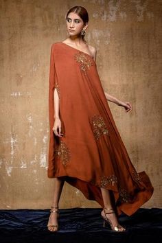 Shop for Nayantara Couture Brown Silk Embroidered One Shoulder Dress for Women Online at Aza Fashions One Shoulder Dress Indian, Indian Western Dress, Designer Evening Gowns, New Address, Dress Indian, Brown Silk, Indian Fashion Designers, Designer Gowns, Western Dresses