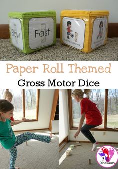 Free Paper Roll Themed Gross Motor Dice - 3 action movements included with dice and dice inserts - 3Dinosaurs.com #earthday #grossmotor #freeprintable Gross Motor Color Activities Preschool, Rainbow Physical Activities, Mothers Day Gross Motor Activities, Rainbow Gross Motor Activities, Indoor Gross Motor Preschool, Motor Games For Kids, Daycare Games, Rainbow Preschool, Preschool Rainbow