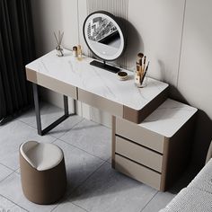 a desk with a mirror, stool and other items on it in a white room