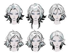 an animation character's head with different angles and hair styles, including blue eyes