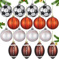 a bunch of christmas ornaments with balls hanging from them