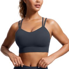 PRICES MAY VARY. Designed for yoga. Light support. Butterluxe collection features extremely soft and ultra stretchy, engineered for luxurious comfort. Molded cups with no removable padding. Double spaghetti strap front and criss cross strap back. Scoop neckline. Longline sports bra for more coverage. Butterluxe collection engineered for extremely soft comfort. Super stretchy material made for all ways you move. Molded foam cups are lightweight, soft for comfort and proper support. Sexy crossover Gray Activewear With Built-in Bra And High Stretch, 4-way Stretch Strappy Yoga Activewear, Strappy Stretch Sports Bra For Pilates, Stretch Strappy Sports Bra For Pilates, Stretch Sports Bra With Adjustable Straps For Yoga, Strappy Yoga Activewear With 4-way Stretch, Strappy Stretch Sports Bra For Workout, Stretch Strappy Sports Bra For Workout, Yoga Activewear With 4-way Stretch And Strappy Design