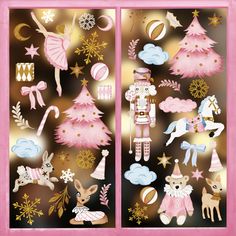 a pink and gold christmas scene with an image of a nutcracker