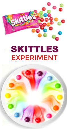 the skittles experiment is in front of a white plate with candy on it