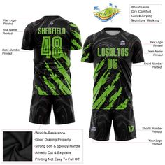 Custom Soccer Uniforms - Custom Black Neon Green Sublimation Soccer Uniform Jersey Black Sublimation T-shirt For Team Events, Black Sublimation Design T-shirt For Team Events, Black Sublimation Design For Team Spirit Customization, Black Custom Print T-shirt For Football Season, Customizable Black Sports T-shirt, Customizable Black Jersey T-shirt, Customizable Black T-shirt For Sports, Customizable Black T-shirt For Sports Events, Customizable Sporty Black T-shirt