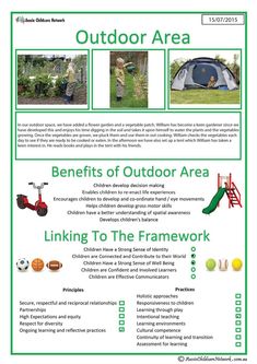 the flyer for an outdoor area is shown in green and white, with pictures of children's activities