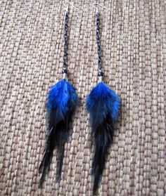 These  earrings were crafted  using blue saddle feathers, black glass beads and black aluminum chain. About 8" in length from the top of the surgical steel ear wires to the bottom of the feathers.Made to order. Please see my shop policies or shop announcement for current turn around time. If you need your order asap please let me know, I can usually accommodate rush orders.*****Check out the huge selection of feather jewelry and accessories in my shop! Please feel free to contact me for a custom Blue Feather Earrings As Gift, Blue Feather Earrings For Gift, Elegant Black Feather Jewelry, Black Feathered Jewelry For Festivals, Blue Feather Earrings Gift, Adjustable Black Feather Jewelry, Festival Feather Dangle Jewelry, Adjustable Blue Feather Earrings, Blue Feather Dangle Earrings