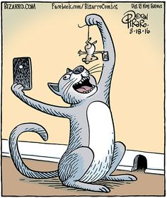 a cartoon cat holding up a cell phone in the air with its arm and legs