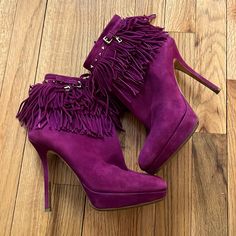 Fuschia Colored, Suede Christian Dior Booties. With Fringe Tassel And Stud Detail Around The Ankle. Very Sassy And Fun. Good Transition Boot From Winter To Spring! Winter To Spring, Dior Shoes, Tassel Fringe, Ankle Booties, Christian Dior, Bootie Boots, Ankle Boots, Dior, Women Shoes