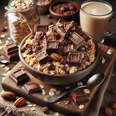 a bowl filled with chocolate and nuts next to a glass of milk