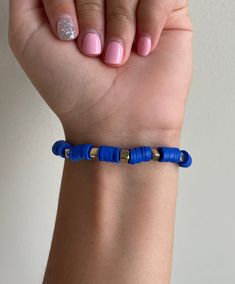 bracelet with dark blue clay beads and gold squares. Blue Clay, Clay Bead, Bead Bracelets, Clay Beads, Favorite Jewelry, Dark Blue, Jewelry Bracelets, Gold Bracelet, Handmade Items