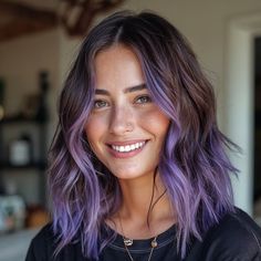 Cute Purple Highlights For Brown Hair, Black Hair With Lavender Money Piece, Dark To Purple Hair, Purple Hair Colors For Brunettes, Brown Hair With Vivid Highlights, Lavender Hair Money Piece, Plum And Lavender Hair, Purple For Brown Hair, Balayage With Purple Peekaboo