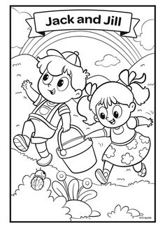 two children playing in the water with a bucket and a rainbow behind them coloring page