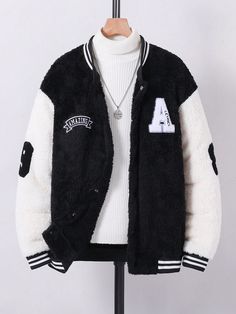 Teen Boys' Colorblock Casual Baseball Jacket Black   Long Sleeve Knitted Fabric Letter Teddy Non-Stretch  Teen Boys Clothing, size features are:Bust: ,Length: ,Sleeve Length: Winter Varsity Jacket With Long Sleeves, Winter Long Sleeve Varsity Jacket, Hooded Varsity Jacket With Patchwork For Winter, Casual Oversized Varsity Jacket With Patchwork, Oversized Casual Varsity Jacket With Patchwork, Hooded Winter Varsity Jacket With Patchwork, Trendy Winter Outerwear With Letter Print, Varsity Style Cardigan For College In Winter, Varsity Style Winter Cardigan For College