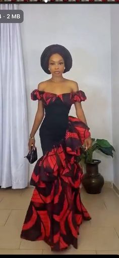 Red African Print Dress Ankara Styles, Nigerian Style Dresses, African Style Dresses, Ankara Prom Dress, Dress For Church, Ankara Skirt Styles, Prom Dates, Ruffle Layered Dress, Skirt Styles