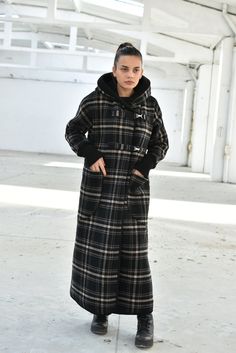 "Wool Hooded Coat, Long Tartan Coat, Winter Overcoat ◈ Stylish and chic fashion is our shared dream! You can be sure that this piece is made with a lot of love and craftsmanship. ◈ S I Z I N G ◈ The model wears size S and the length of the item is approximately 135 cm. This item is available from XS to 4XL. Please, have a look at my Size Chart below before placing your order. The model in the picture is 63'' (160 cm) tall. ◈ D E L I V E R Y ◈ This item will be shipped in up to 5 days after your Oversized Winter Parka For Work, Casual Hooded Wool Coat, Casual Hooded Wool Coat For Work, Winter Workwear Parka With Long Sleeves, Hooded Winter Parka For Workwear, Hooded Winter Workwear Parka, Winter Workwear Parka With Hood, Casual Hooded Wool Coat With Pockets, Oversized Winter Workwear Parka