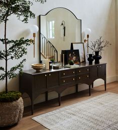 Cleo Credenza Console Hallway Credenza Decor, Eclectic Modern Vintage Decor, Modern Farmhouse Dining Room Mirror, Living Room Mimalist, Dark Transitional Interior Design, Inner Hallway Ideas, Becki Owens Entryway, Townhome Entrance Decor, Heirloom Style Decor