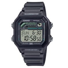 Inspired by 1990s sports design, the face features two bars and a circle at the top that display three different timers — the 1/20 second stopwatch in a color bar above, the ten-second stopwatch in the bar below, and the one-minute stopwatch in a circular display at the right. These multi-sports watches are always ready to go, with a 10-year battery, water resistance up to 100 meters, LED lighting, countdown timer, and alarm. Glass Resin Case Material Resin Case Color Black Strap Material Resin Strap Color Black Water Resistance 100m Movement Quartz Local Warranty 1 Year Function 3 Hands, Date Display International Warranty 1 Year Case Size 42.1mm Weight 39g Compatible Band Size 145 to 215 mm Black Digital Watch With Chronometer, Casio Ws 1400, Durable Black Digital Watch, Affordable, Resin Case, Functional Black Shock-resistant Digital Watch, Face Features, Casio Military Watch, Countdown Timer, Black Resin