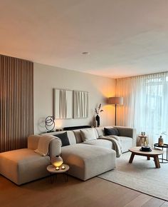 a living room filled with furniture next to a large glass window covered in sheer curtains