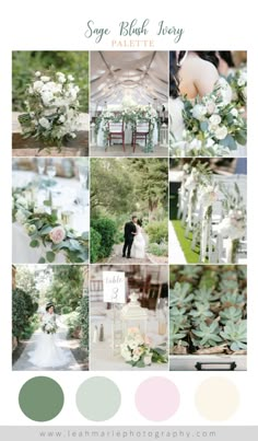 a collage of wedding photos with white flowers and greenery in the center, green foliage