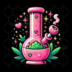 a pink flask filled with lots of green stuff and surrounded by stars, on a black background