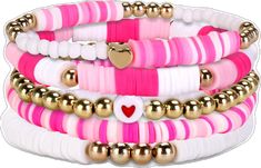 Casual Pink Beaded Bracelets For Festivals, Pink Heart-shaped Bohemian Bracelets, Pink Bohemian Heart-shaped Bracelets, Pink Round Beads Friendship Bracelets For Festival, Pink Casual Beaded Bracelets For Valentine's Day, Festival Pink Stretch Bracelet With Colorful Beads, Trendy Pink Friendship Bracelets For Festival, Trendy Pink Beaded Bracelets For Festival, Casual Pink Festival Bracelet