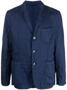 notched-lapels linen blazer from ASPESI featuring navy blue, linen/flax, notched lapels, front button fastening, chest patch pocket, two front patch pockets, long sleeves, buttoned-cuff sleeves and curved hem. This item contains at least 50% materials which are certified or widely recognised as having a lower environmental impact through production and/or manufacturing processes that reduce water consumption and the use of harmful chemicals, or re-use by-products of the production process.. Lear Blue Linen Sport Coat With Pockets, Blue Linen Single Breasted Sport Coat, Blue Linen Single-breasted Sport Coat, Navy Casual Blazer With Patch Pockets, Casual Navy Blazer With Patch Pockets, Office Linen Blazer With Pockets, Blue Linen Sport Coat With Welt Pockets, Linen Blazer With Notch Lapel And Pockets, Linen Notch Lapel Blazer With Pockets