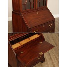 two pictures of an old fashioned desk with drawers