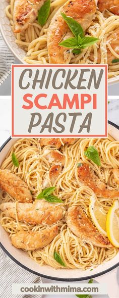 chicken scampi pasta in a skillet with lemons and basil