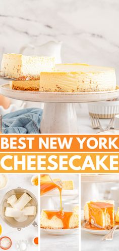 the best new york cheesecake recipe is on display in this collage with photos