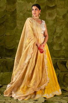 Spicy mustard lehenga with silk thread, sequin and bead floral embroidery. Paired with a floral embroidered blouse and scalopped dupatta. - Aza Fashions Mustard Lehenga, Spicy Mustard, Floral Lehenga, Silk Thread, Embroidered Silk, Embroidered Blouse, Raw Silk, Set For Women, Aza Fashion