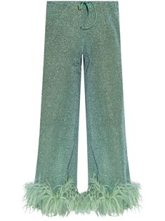 aqua green lurex detailing elasticated waistband wide leg ostrich-feather trim drawstring fastening Bohemian Wedding Guest, Style Types, Ostrich Feather Trim, Feather Trim, Yoko London, City Dress, Ostrich Feather, Summer Beach Wear, Aqua Green