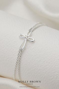 Sterling Silver Diamond Cherish Cross Bracelet | First Holy Communion Jewelry Gift for Girls | Molly Brown London Silver Bracelet With Cross Pendant As Gift, Elegant Sterling Silver Cross Rosary Bracelet, Elegant White Cross Bracelets, Elegant White Cross Bracelet, Elegant Cross Pendant Bracelet As A Gift, Elegant Rosary Bracelet With Cross For Gift, Elegant Bracelet For First Communion, Elegant Cross Rosary Bracelet As Gift, Elegant Cross Jewelry For First Communion