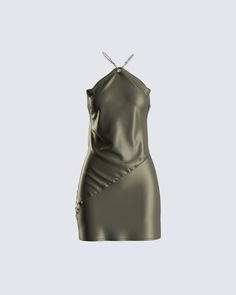 This olive green mini is serving major luxe vibes 💚 Elevate your style with this satin stunner complete with gold chain straps - the perfect look for showing up and showing out 😍 Green Satin Mini Dress, Leo Szn, Olive Colored Dress, Olive Green Outfit, White Corset Dress, Taurus Birthday, Boss Dress, Lil Black Dress, Future Of Fashion