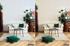 two pictures of a living room with white furniture and green pillows on the rugs