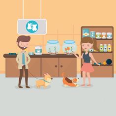 a man and woman standing in front of a counter with two dogs on leashes