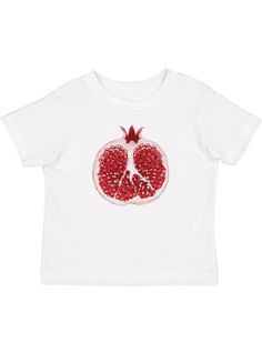 Pomegranate Tee – romanticblue White Hand Printed Short Sleeve Tops, White Hand Printed Crew Neck Top, White Organic Cotton Hand Printed Tops, Pomegranate Clothes, Red Graphic Tee With Fruit Print, White Hand Printed Organic Cotton Top, Fruit Clothing, Red Cotton T-shirt With Cherry Print, Pomegranate Pearl Necklace